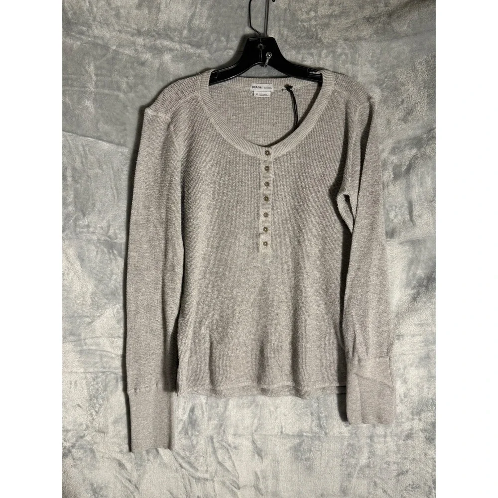 Prana Womens XL Grey Organic Cotton Wool Blend Henley Knit Sweater Long Sleeve